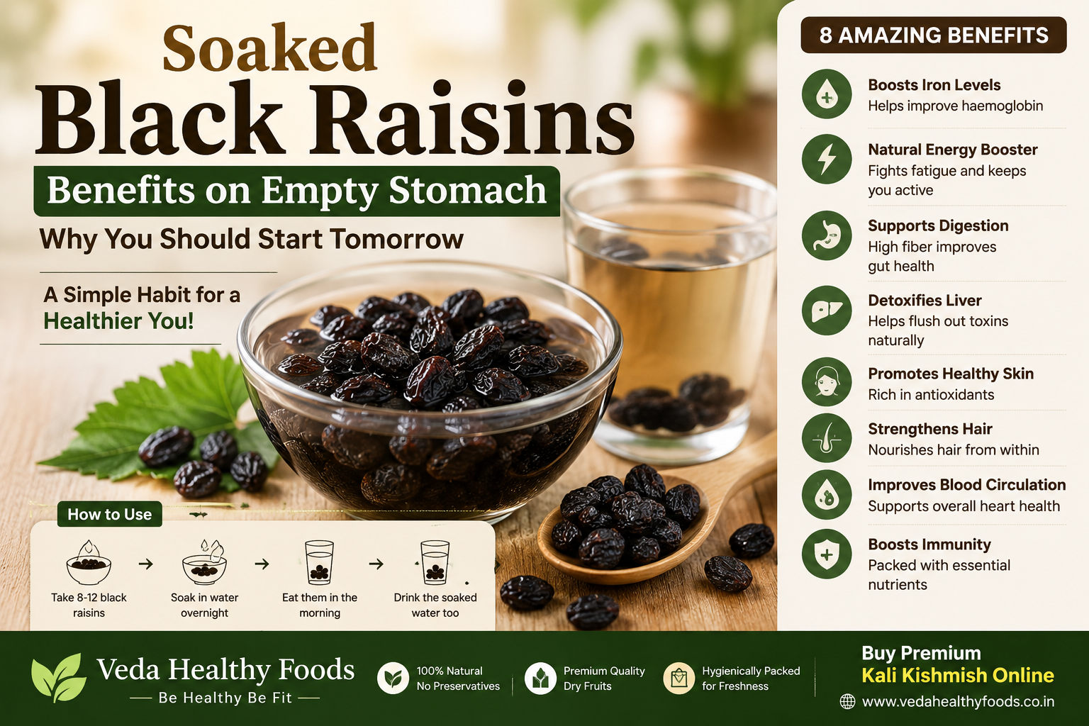Soaked black raisins benefits on empty stomach – health guide by Veda Healthy Foods, Soaked Black Raisins Benefits on Empty Stomach – Why You Should Start Tomorrow | Veda Healthy Foods